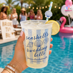 Personalized Seashells and Wedding Bells Plastic Cup, Seashell Bachelorette Cup, Coastal Bachelorette Drinkware, Beach Club Stripes Cup