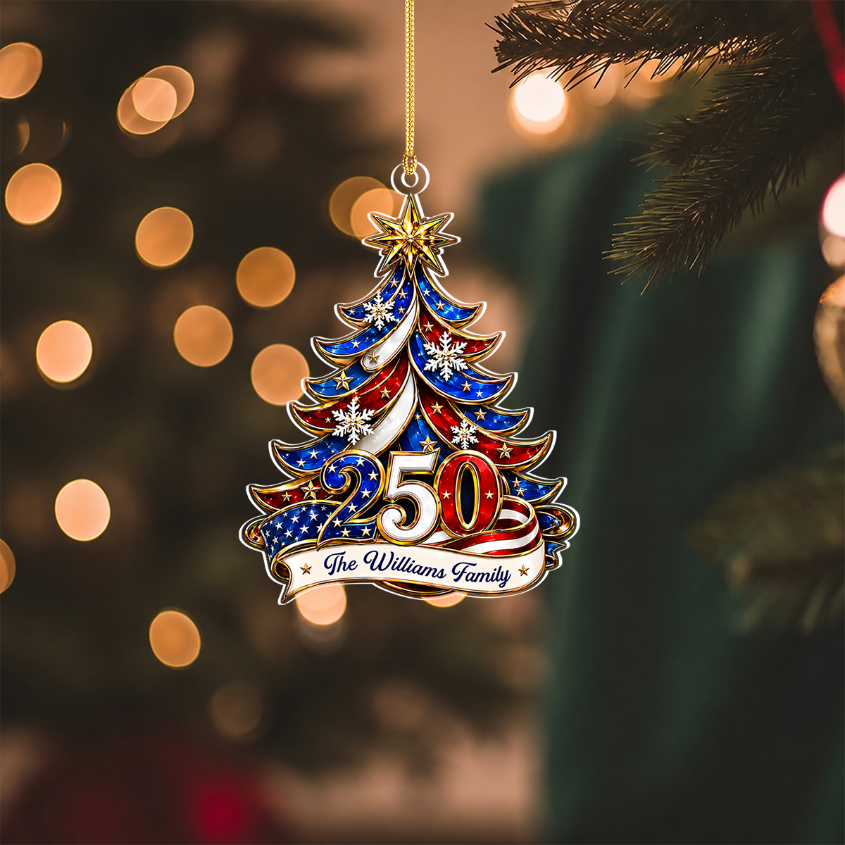 Ornament Patriotic Christmas Tree 250 - Personalized Acrylic Ornament 2d Flat, Custom Family Name America 250th Anniversary Christmas Gift, USA 1776-2026 Keepsake
