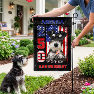 Stars, Stripes & Tail Wags - Personalized Garden Flag - America 250th Anniversary Garden Decor, Patriotic Dog With USA Flag, 4th Of July Dog Lover Gift