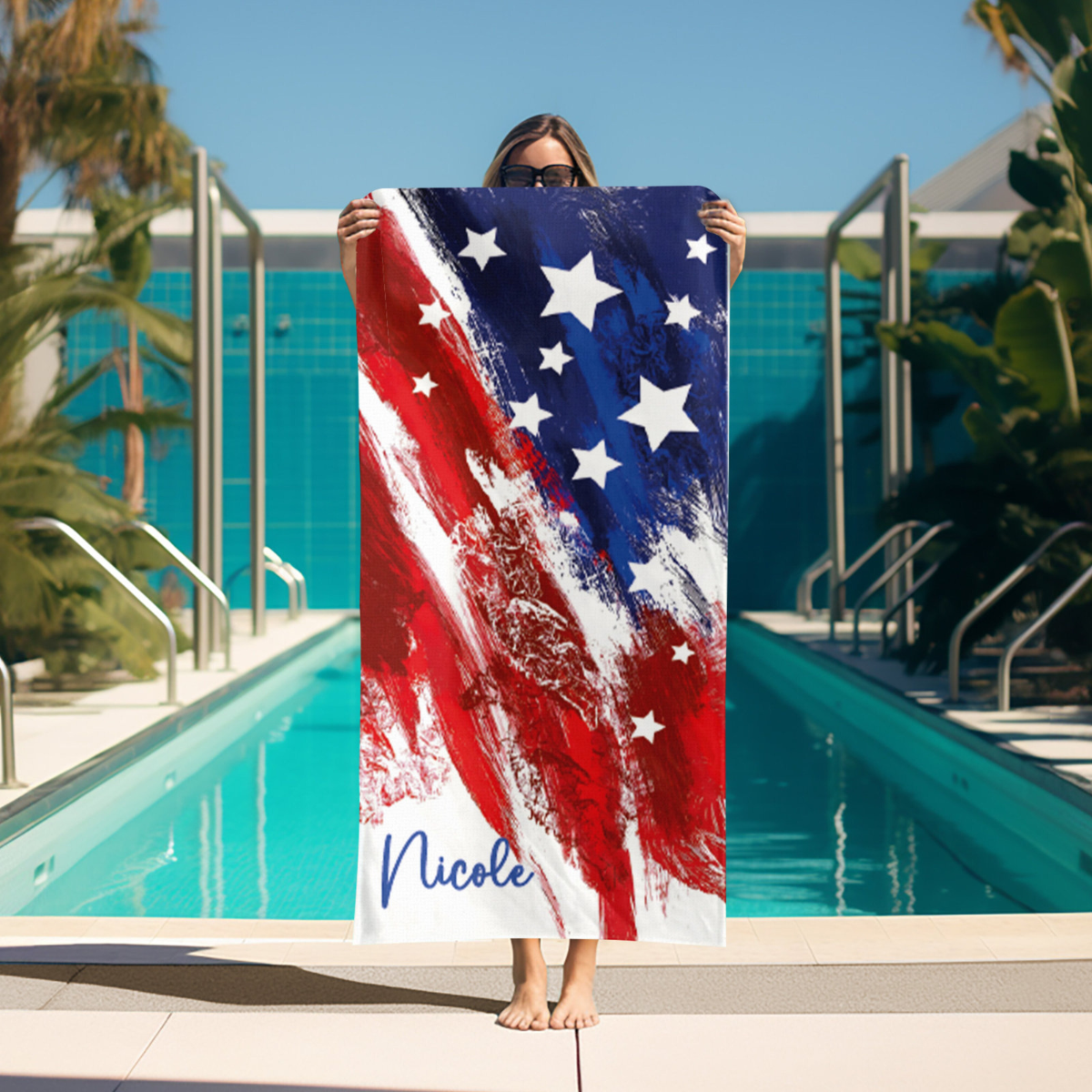American Flag Custom Beach Towel, Independence Day Pool Towel, Personalized Stars Name Towel, Patriot Summer Gift, 4 th of July Design