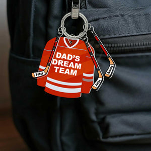 Dad's Dream Team Hockey Keychain Personalized Gift with Kids' Names on Sticks, Custom Father s Day Gift for Hockey Dad Fans