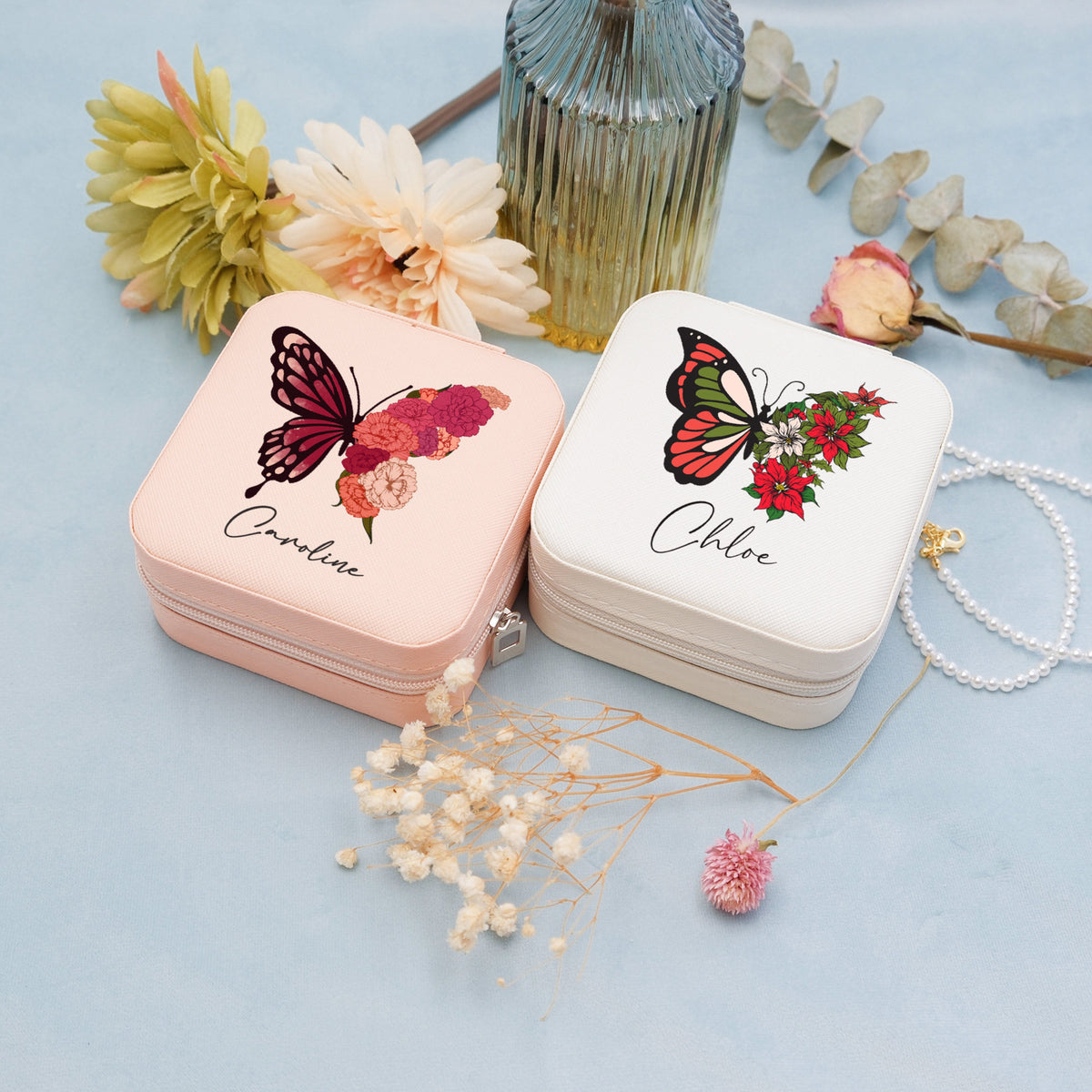 Floral Butterfly With Name - Personalized Square Jewelry Box - Gift For Her, Gift For Mom, Mother's Day, Birthday Gift