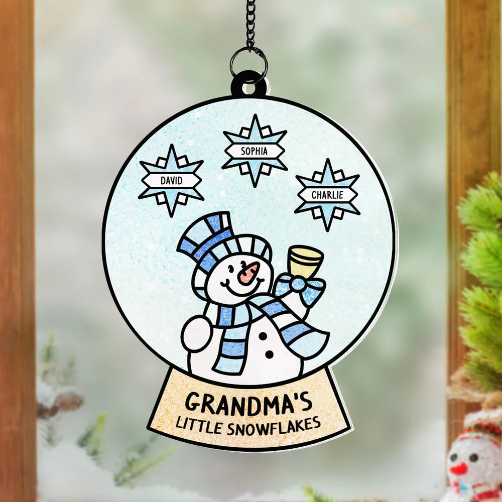Grandma Grandchild Snowman Family Personalized Suncatcher, Christmas Stained Glass Decor For Mom & Grandma