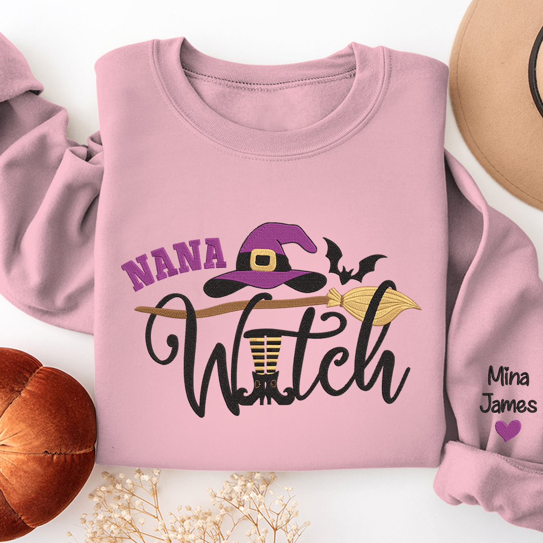 Nana Witch Sweatshirt, Custom Grandma & Kids Halloween Gifts, Gift For Grandma Embroidered Sweatshirt