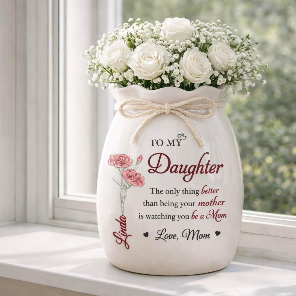 My Little Girl Now Being A Loving Mom - Personalized Flower Vase With Ribbon - Gift For New Mom, Gift For Daughter, Mother's Day Gift