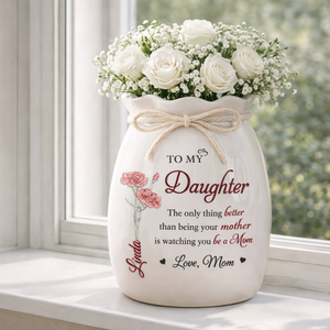 My Little Girl Now Being A Loving Mom - Personalized Flower Vase With Ribbon - Gift For New Mom, Gift For Daughter, Mother's Day Gift