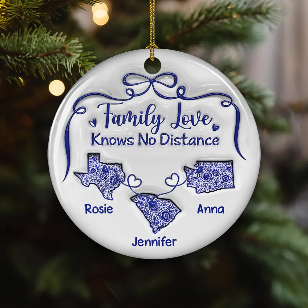 Family Love Knows No Distance Toile De Jouy - Personalized 3D Inflated Effect Ornament - Gift For Family, Christmas Gift