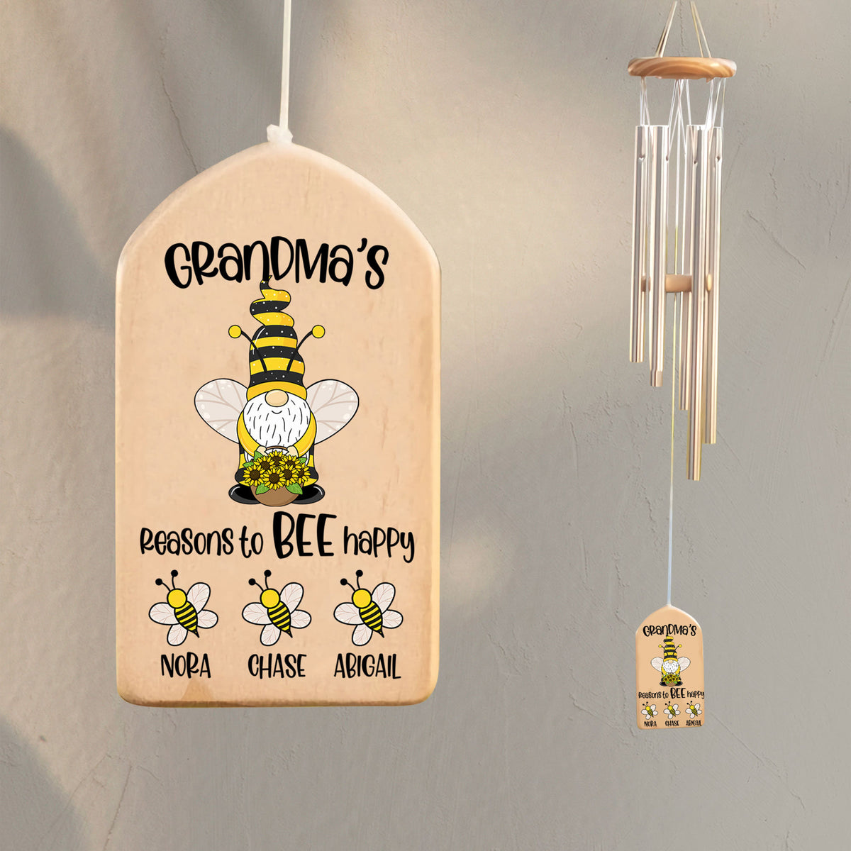 Grandma's Reason To Bee Happy, Cute Grandkid Bee - Personalized Windchime - Gift For Grandma, Mother's Day, Birthday Gift