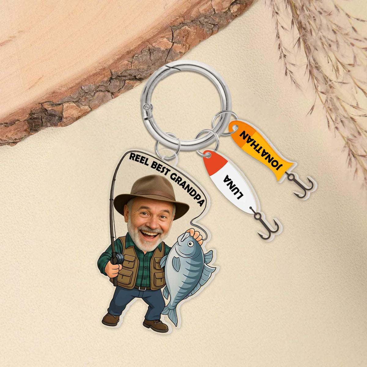Reel Best Grandpa Fishing Keychain Custom Photo & Name Gift, Personalized Father s Day Keyring for Fisherman Grandpa