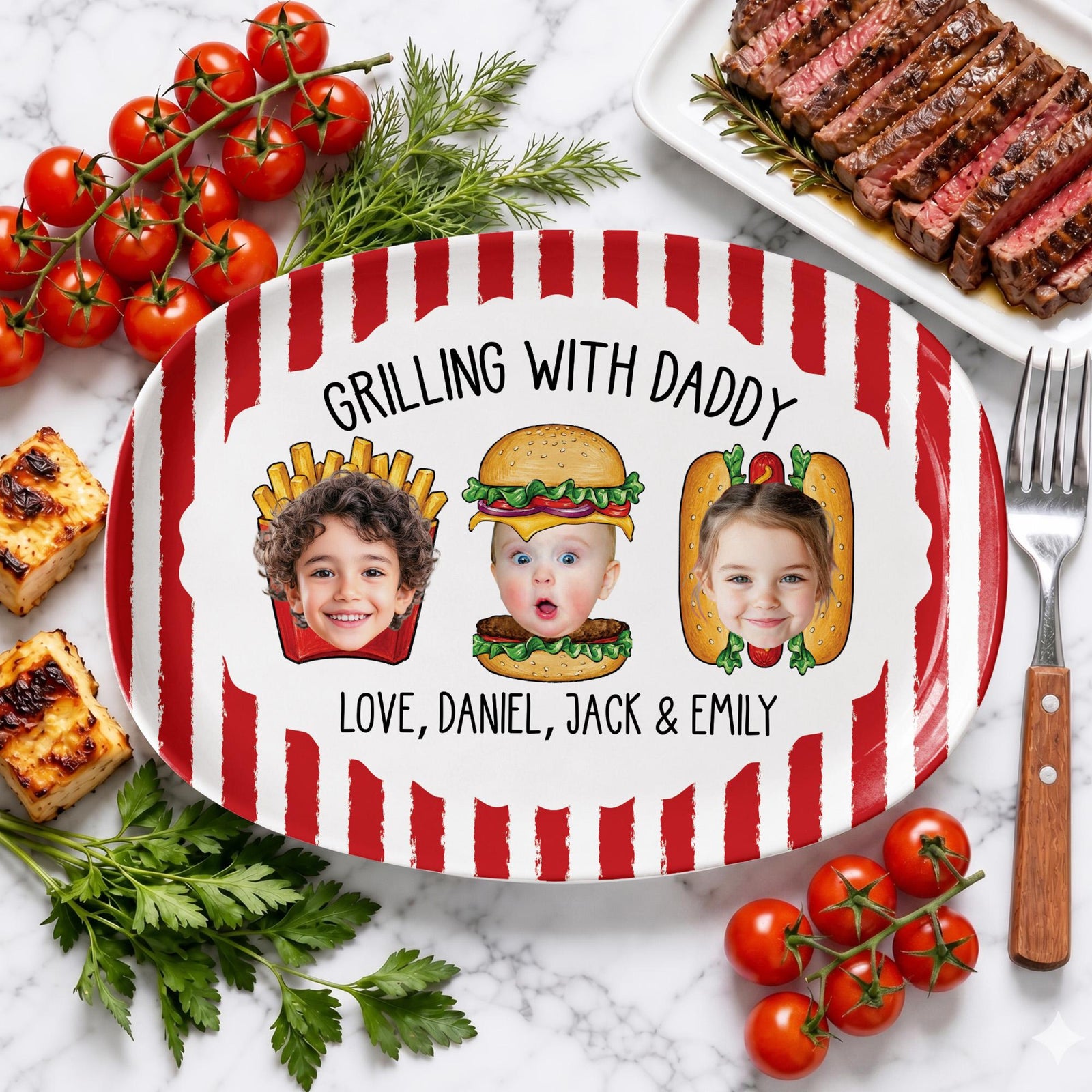 Custom Dad's Grilling Platter with Kids Faces: Father's Day Gift From Kids, Striped Grilling Plate for Kitchen Decoration, Funny Daddy Gift