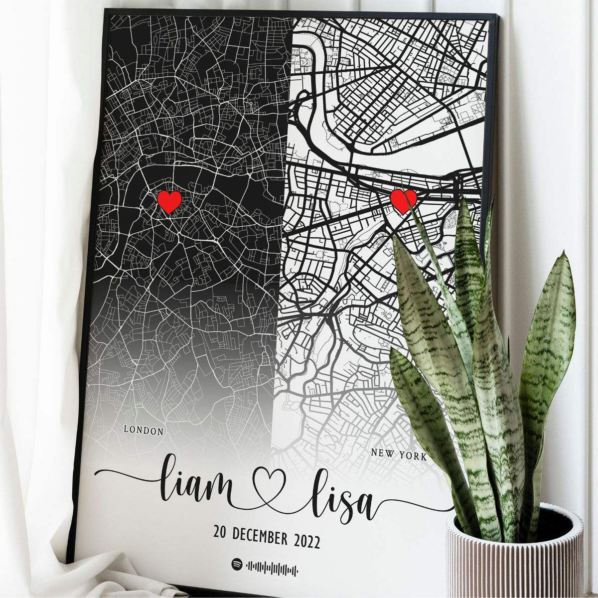 Personalised Map Print, Custom Couples Gift, Customised Travel Wall Art Any 2 Locations , Personalized Gift For Couple