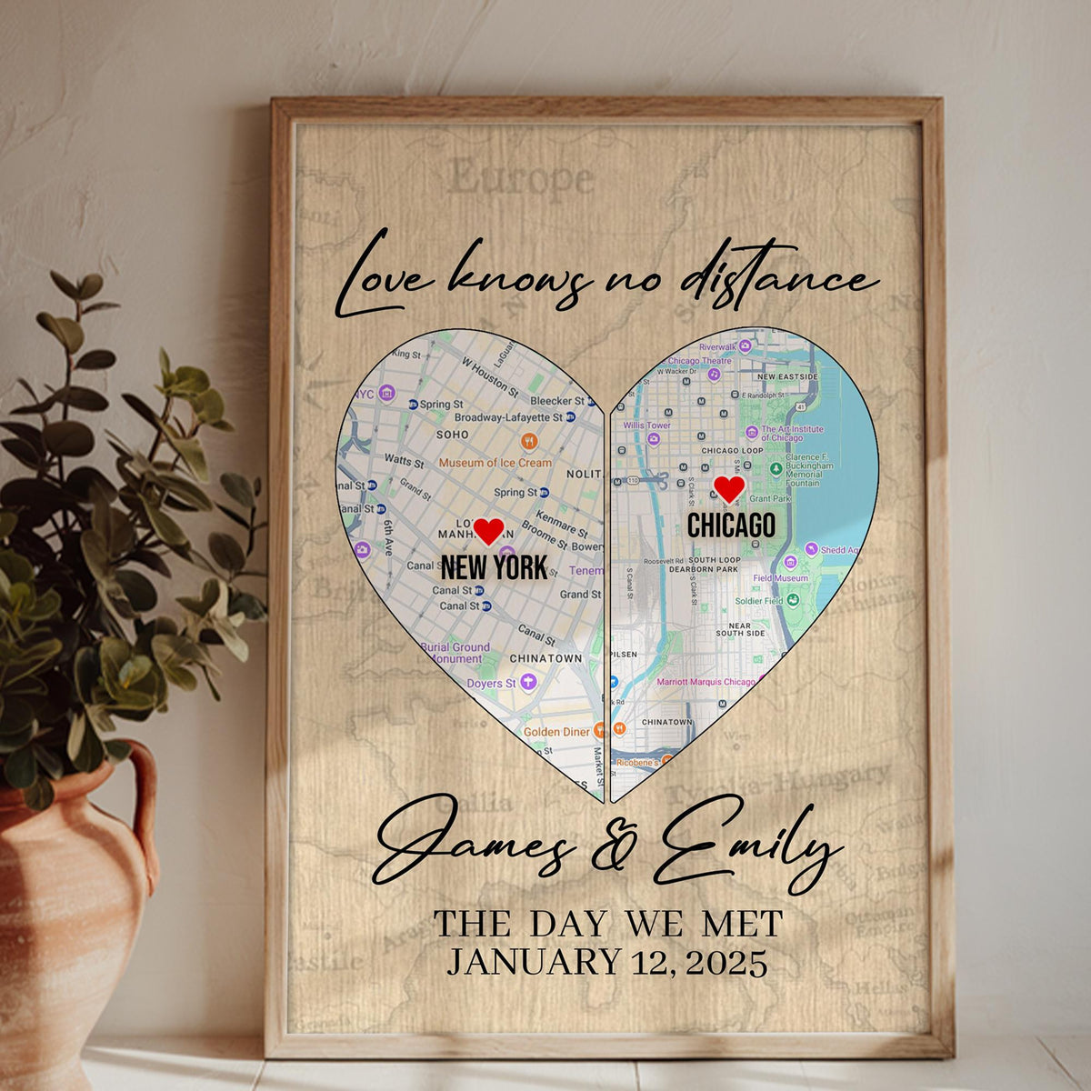 Love Knows No Distance The Day We Met Canvas, State to State Personalized Map Poster, Long Distance Map Print