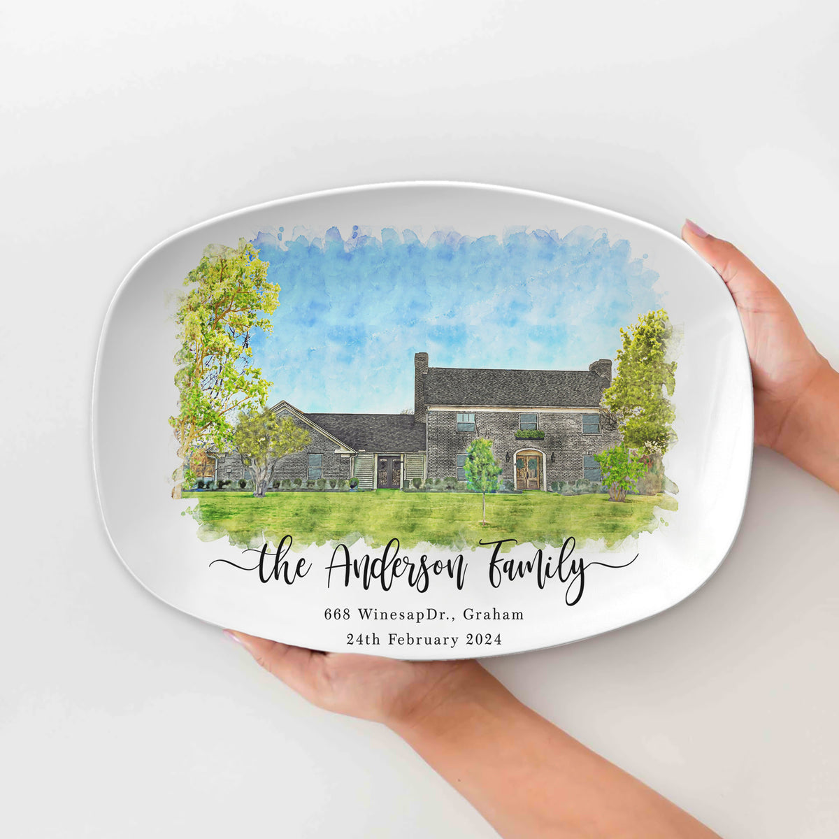 Personalized House Portrait Platter, Watercolor Effect House Painting Platter, Housewarming Gift, Realtor Closing Gift, First Home Gift