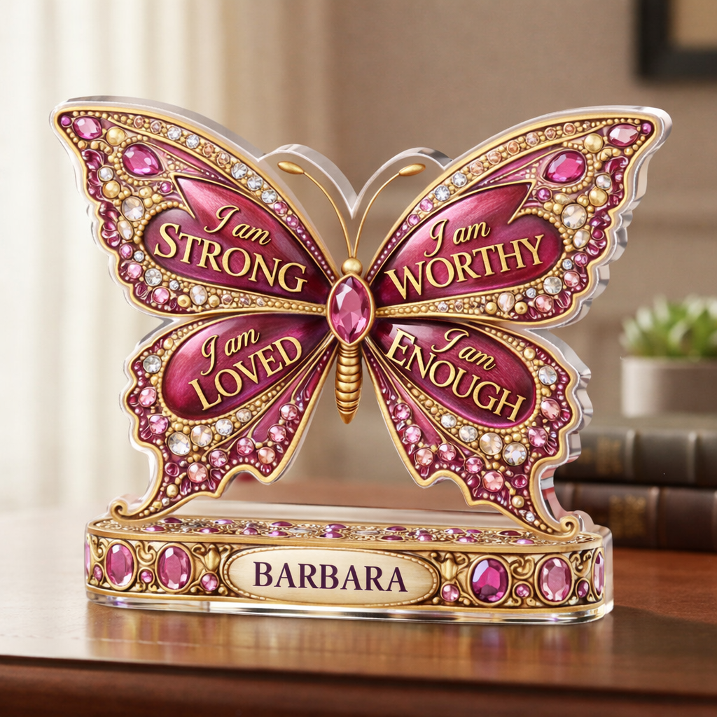 I Am Strong Jewelry Butterfly - Personalized Acrylic Table Sign - Gift For Her, Mother's Day, Birthday Gift