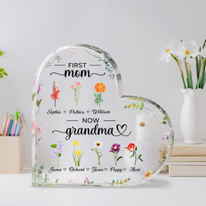 First Mom Now Grandma Birth Month Flower - Personalized Heart Shaped Acrylic Plaque - Gift For Grandma