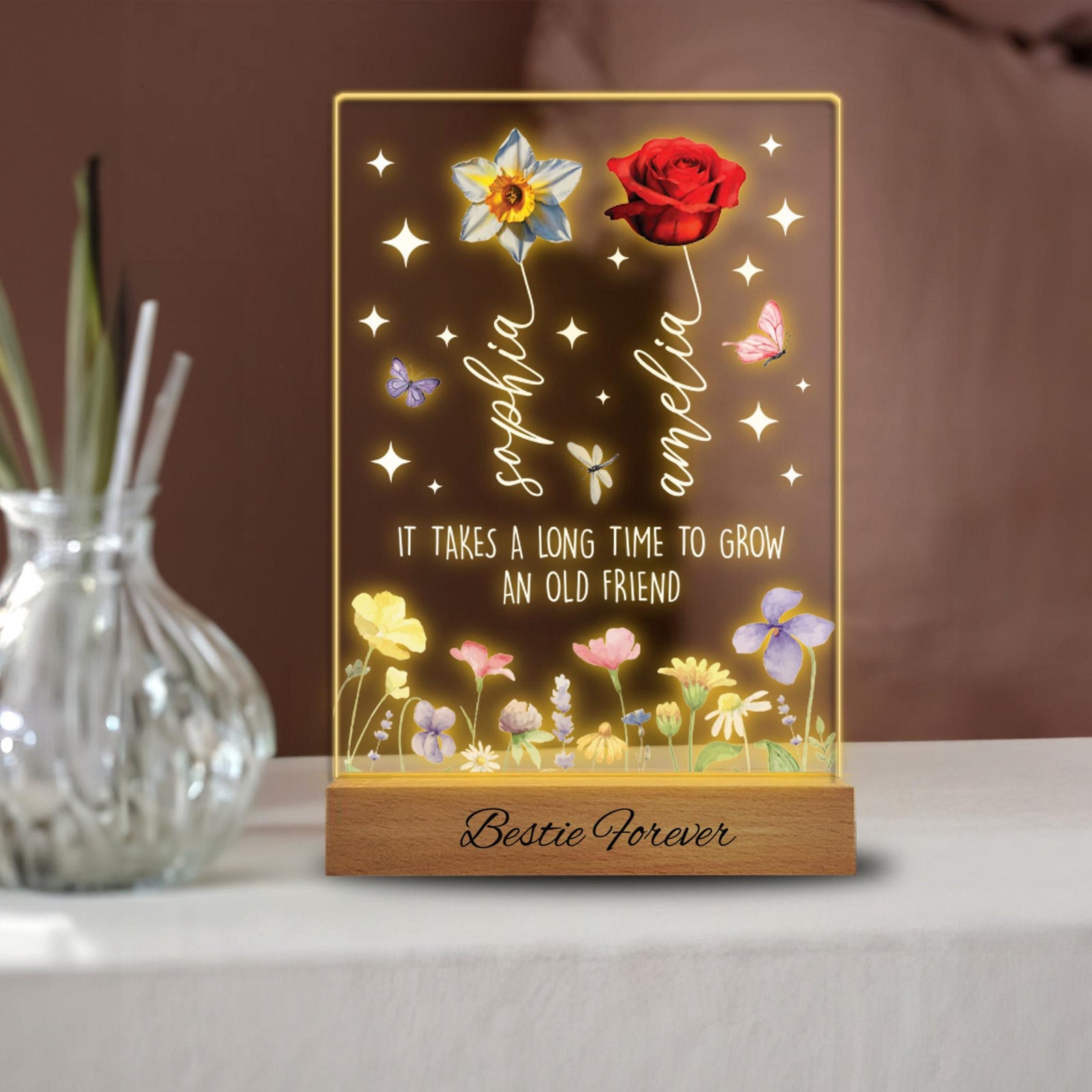 Personalized Bestie Forever Acrylic Photo Night Light, Birth Month Flower Gift, Gift For Sisters, Besties, Soul Sisters