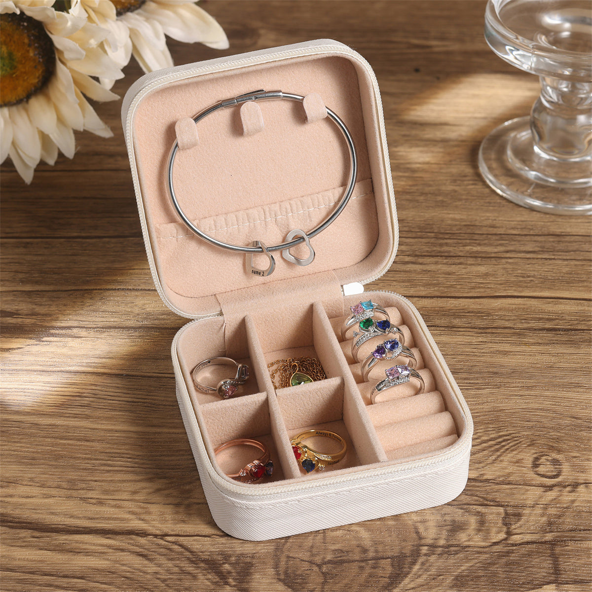 Custom Birth Flower&Name Jewelry Box, Floral Jewelry Case, Travel Jewelry Organizer, Gifts for Her, Gift for Mom