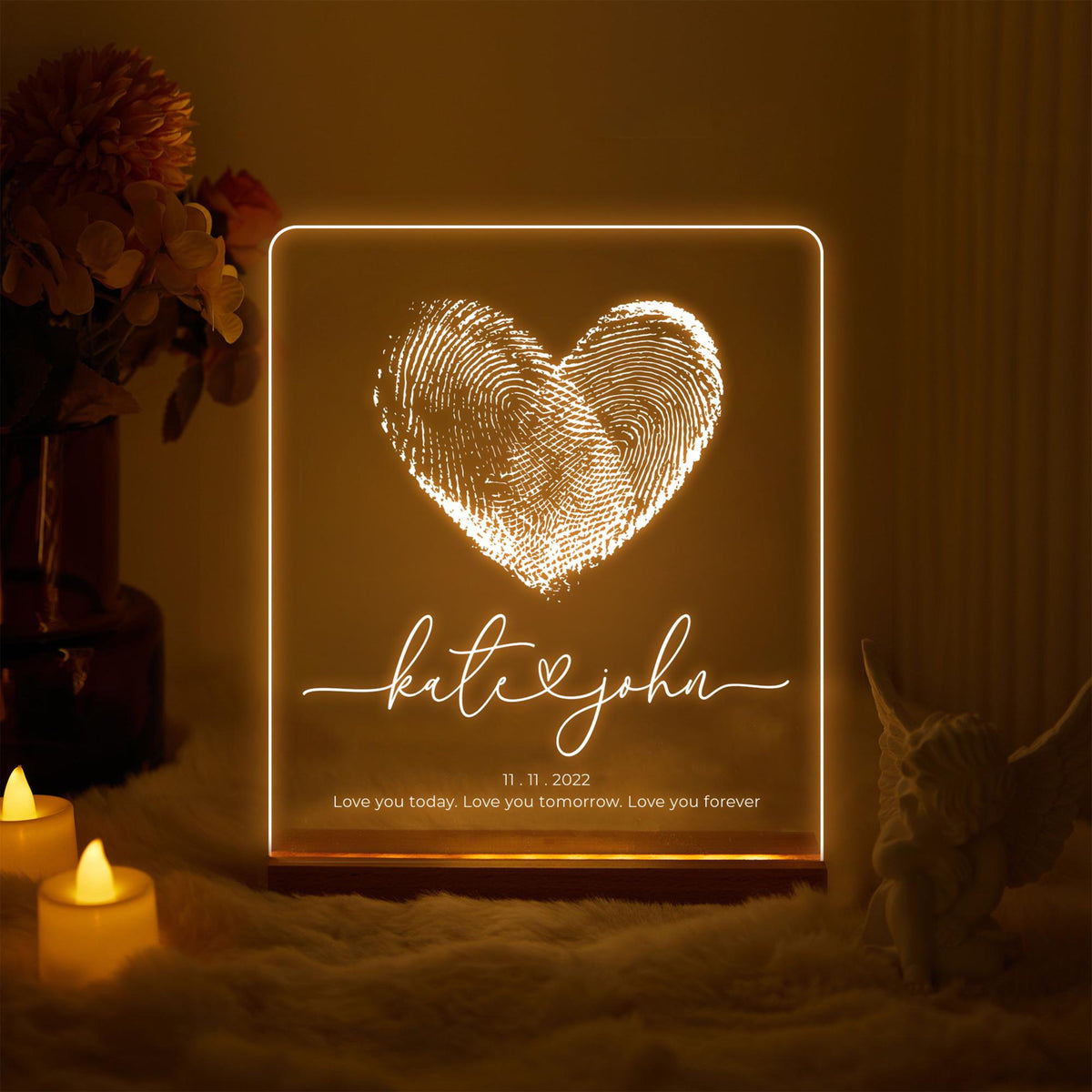Custom Fingerprint Heart with Names, Personalized LED Light Wooden Base, Valentines Gift, Custom Lamp, Anniversary Gift
