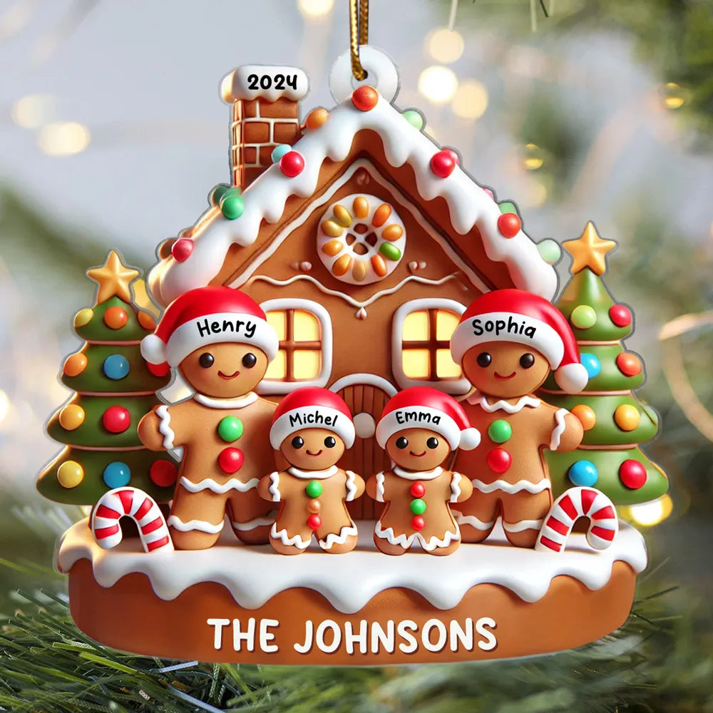 Gingerbread Family With Gingerbread House 3D Effect - Personalized Acrylic Ornament - Christmas Gift For Family
