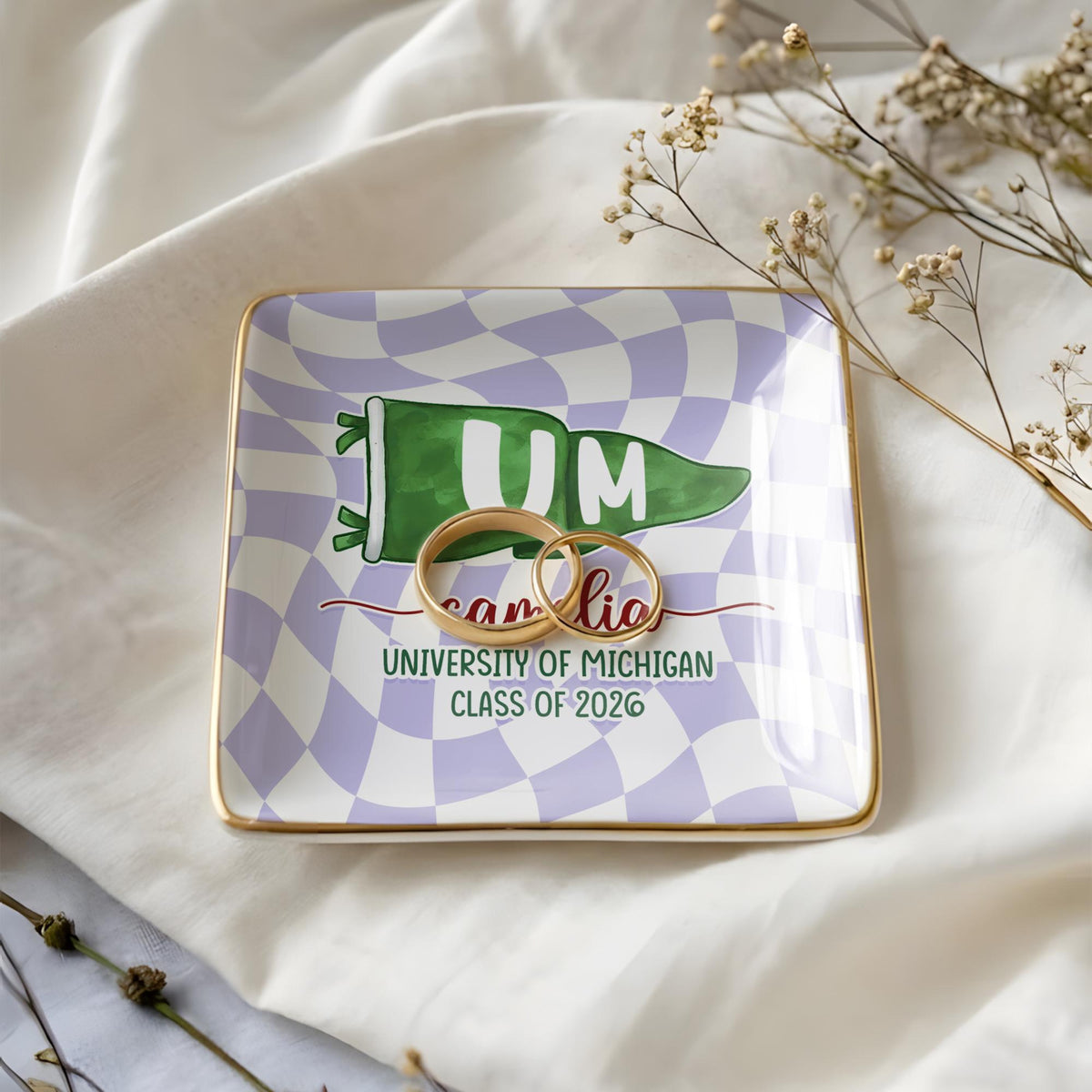 Custom School Pennant Flag Ring Dish, Personalized College Graduation Gifts for Her, Class of 2026 Keepsake Gift