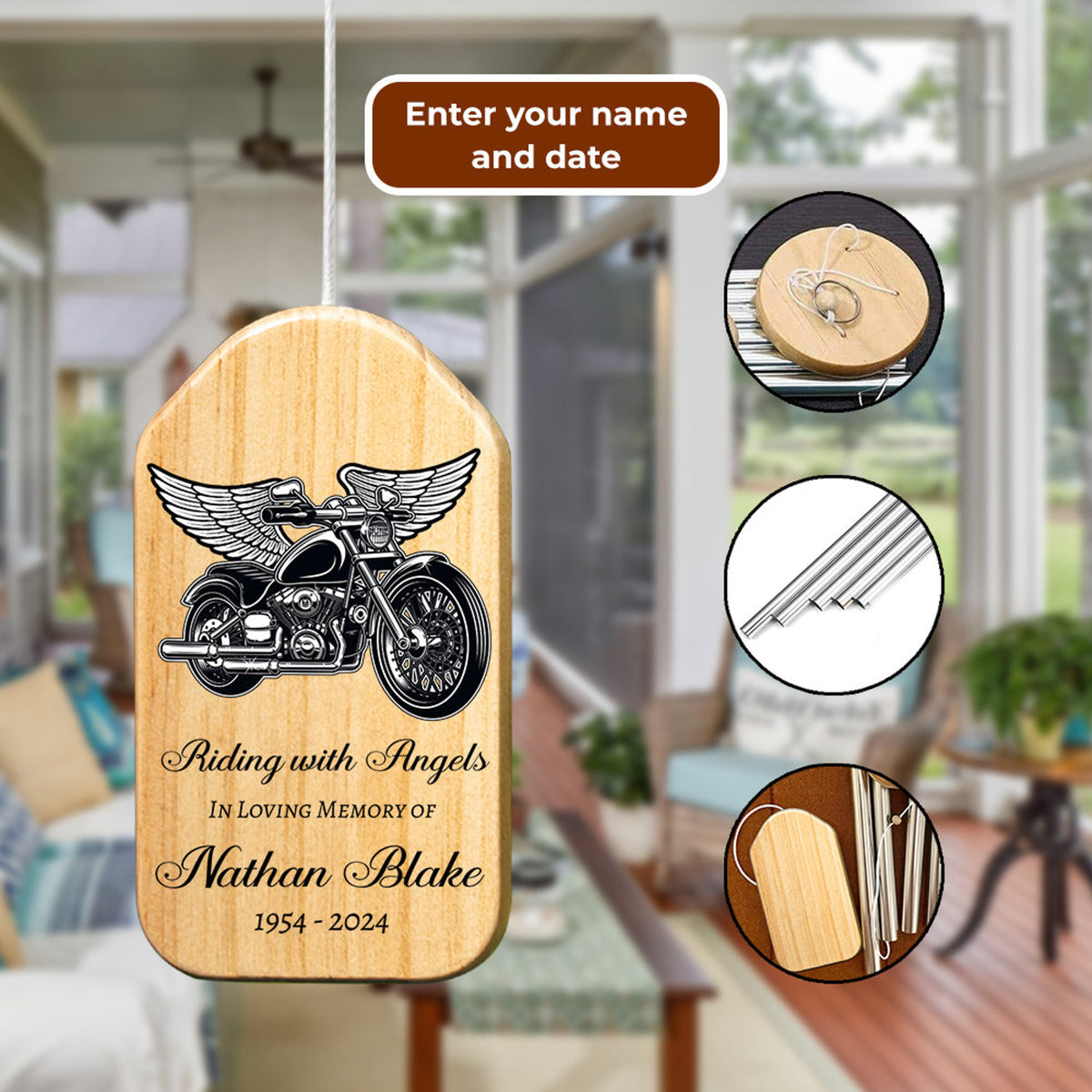 Motorcycle Memorial Wind Chime, Riding with Angels, Personalized Tribute Wind Chime, Remembrance Father Loss Gift, Loss of Loved One