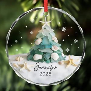 Christmas Coastal Sea Glass - Personalized Crystal Ornament - Christmas Gift For Sister, Friend, Family