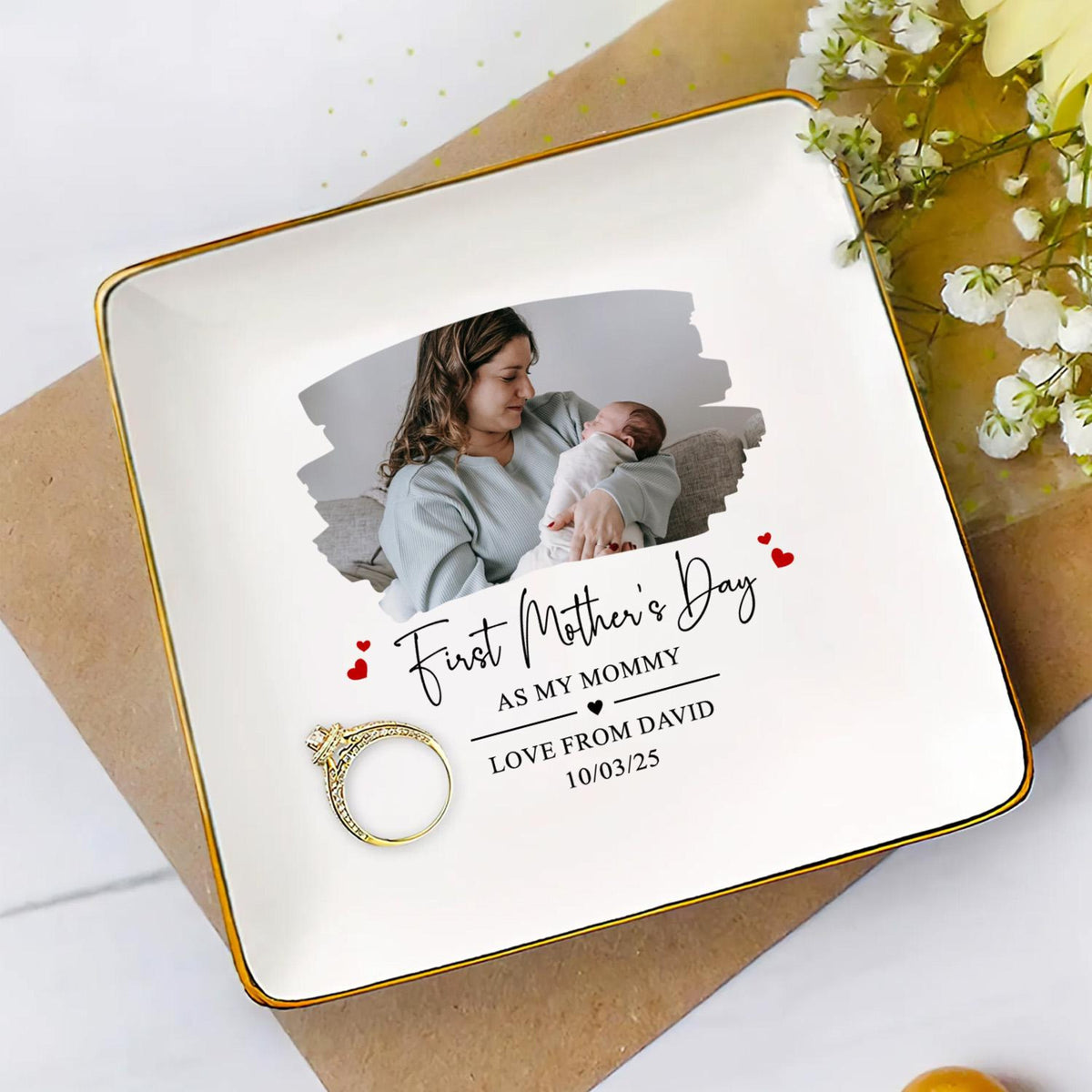 First Mother's Day - Personalized Jewelry Dish - Gift For Mom, Mom And Kid Custom Photo, 1st Mothers Day Gift