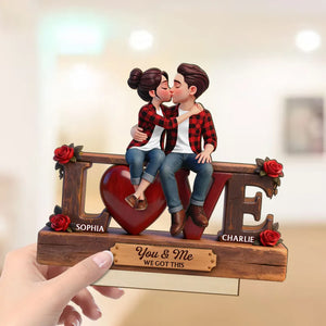 Love Rose 3D Kissing Couple Forever Together - Personalized Wooden Plaque Flat Base - Valentine's Day Gift For Couple