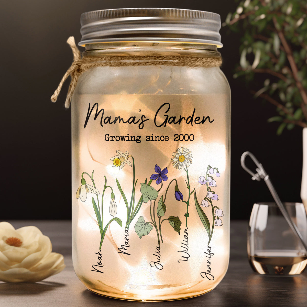 Mama's Garden Birth Month Flower, Personalized Mason Jar Light, Mothers Day Gifts For Grandma, Gifts For Mom, Nana, Nanny, Custom Kids Names
