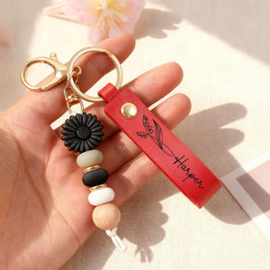 Personalized Birth Flower PU Leather Keychain with Engraved Name and Daisy Bead Pendant Wedding Party Birthday Gift for Bridesmaids Friends