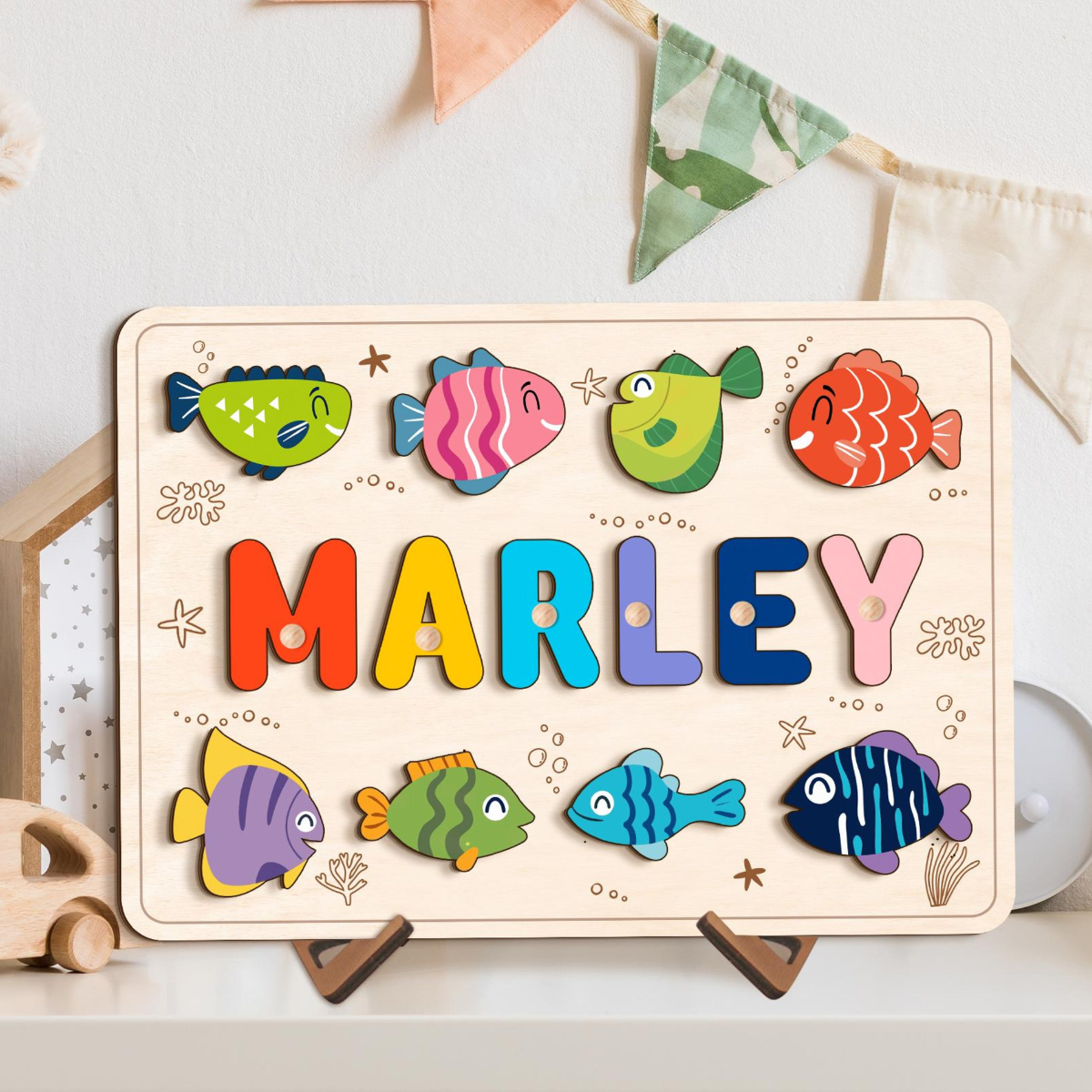 Ocean Life Name Puzzle with Fish, Wood Name Puzzle, Custom Handmade Name Puzzle, Birthday Gifts for Toddler, Montessori Board, Nursery Decor