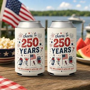 Custom 4th of July Can Cooler, Personalized Cheers to 250 Years, USA Anniversary Party Favor, Patriotic Family BBQ, Independence Day Gift