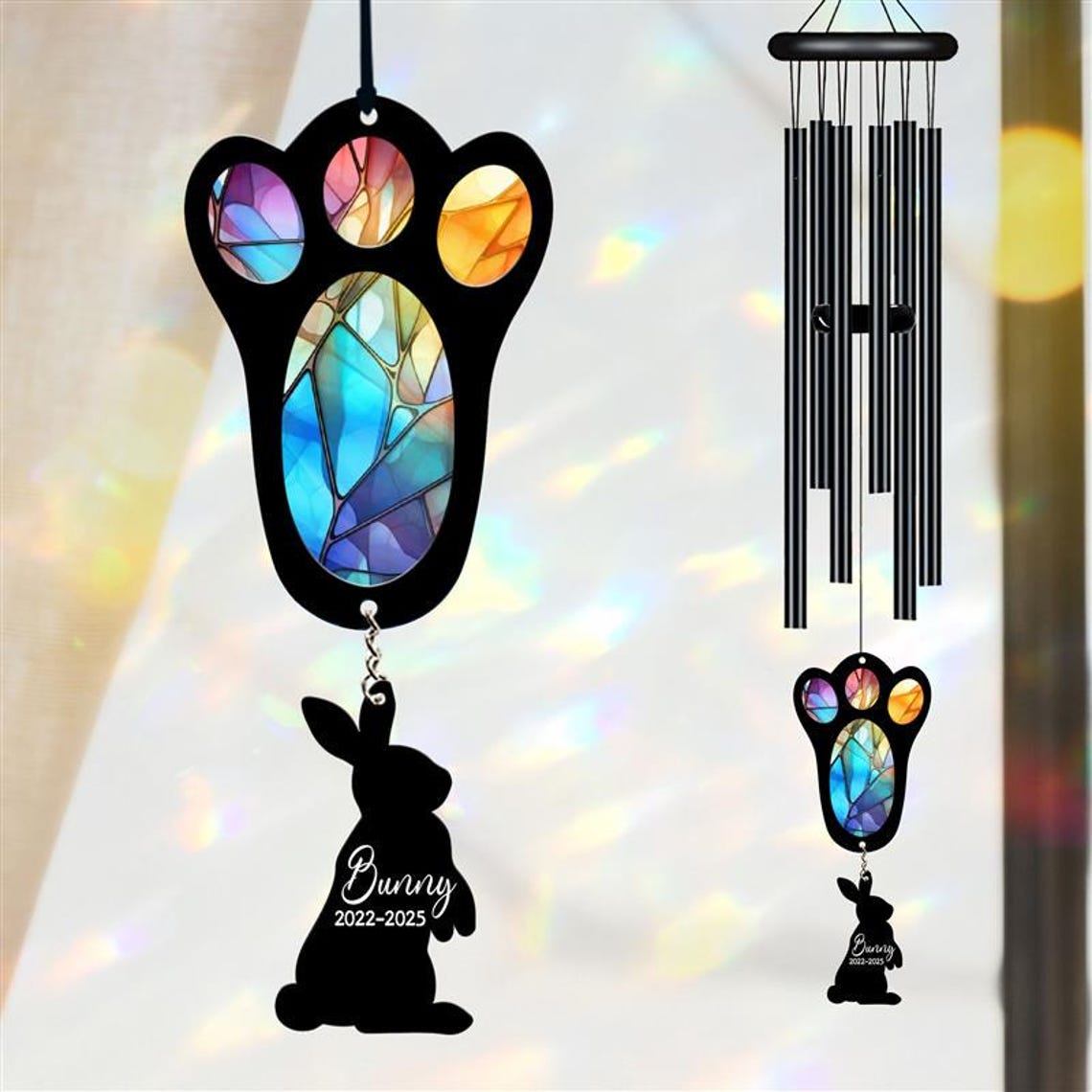 Personalized Pet Memorial Wind Chime, Remembrance Wind Chime, Pet Suncatcher Wind Chime, Bunny Paw, Bunny Loss, Bunny Memorial