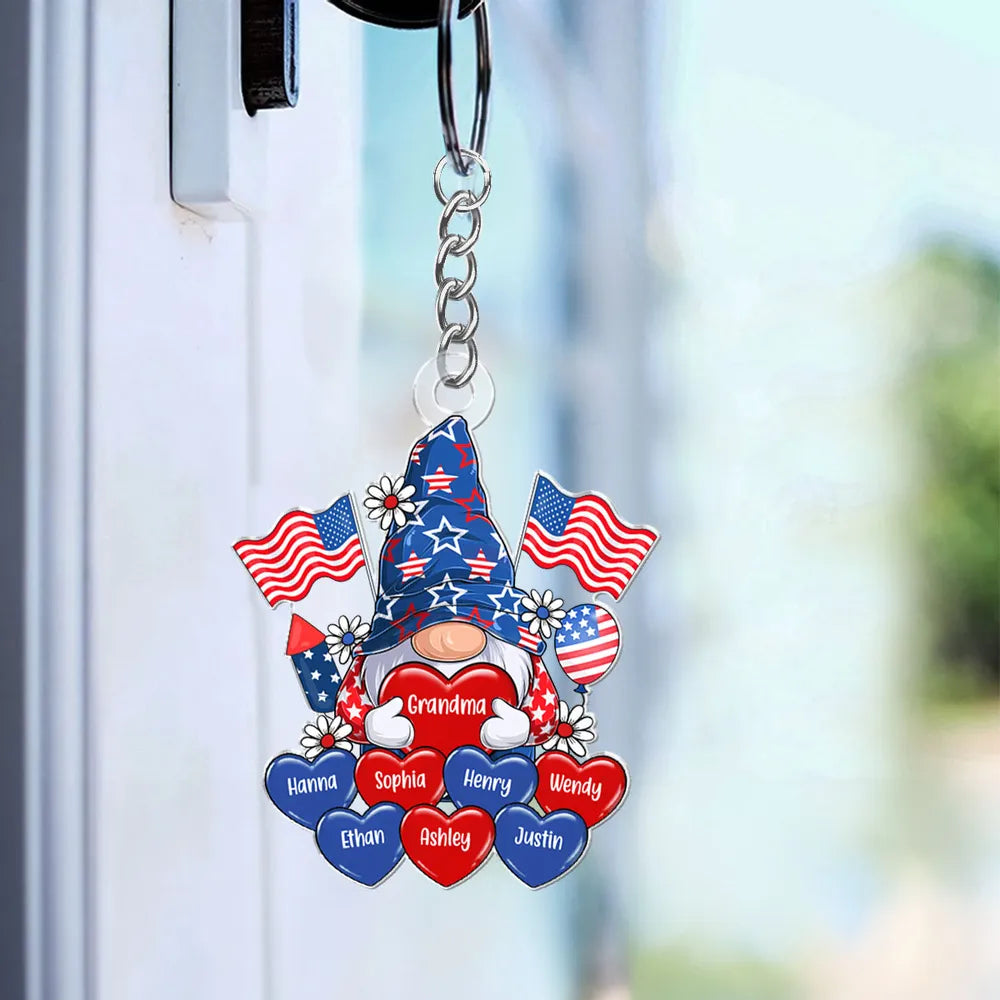 American Gnome Grandma Mom Heart - Personalized Acrylic Keychain - 4th Of July Gift For Mom Grandma