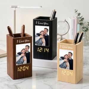 Personalized Photo Pen Holder Clock, Custom Wooden Desk Organizer with LED Digital Clock, Personalized Office Gift for Him Her, Custom Picture Holder