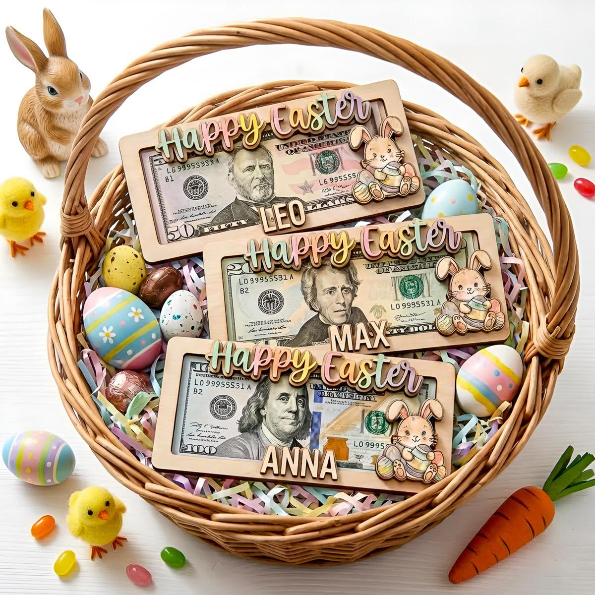 Personalized Easter Money Holder, Custom Wooden Cash Gift Frame, Handcrafted Bunny & Egg Easter Decor, Personalized Easter Gift for Children