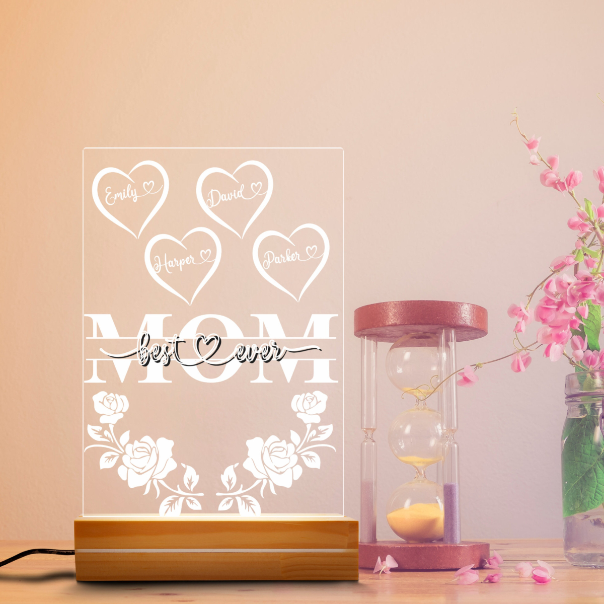 Best Mom Ever With Roses And Hearts - Personalized 3D LED Light Wooden Base - Gift For Mom, Mother's Day Gift