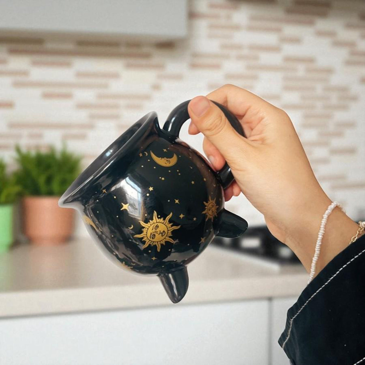 Witch Coffee Mug Black Ceramic Cup with Moon and Stars, Halloween Gift for Her, Witchy Kitchen Decor, Spooky Fall Drinkware Gift