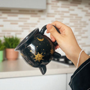 Witch Coffee Mug Black Ceramic Cup with Moon and Stars, Halloween Gift for Her, Witchy Kitchen Decor, Spooky Fall Drinkware Gift
