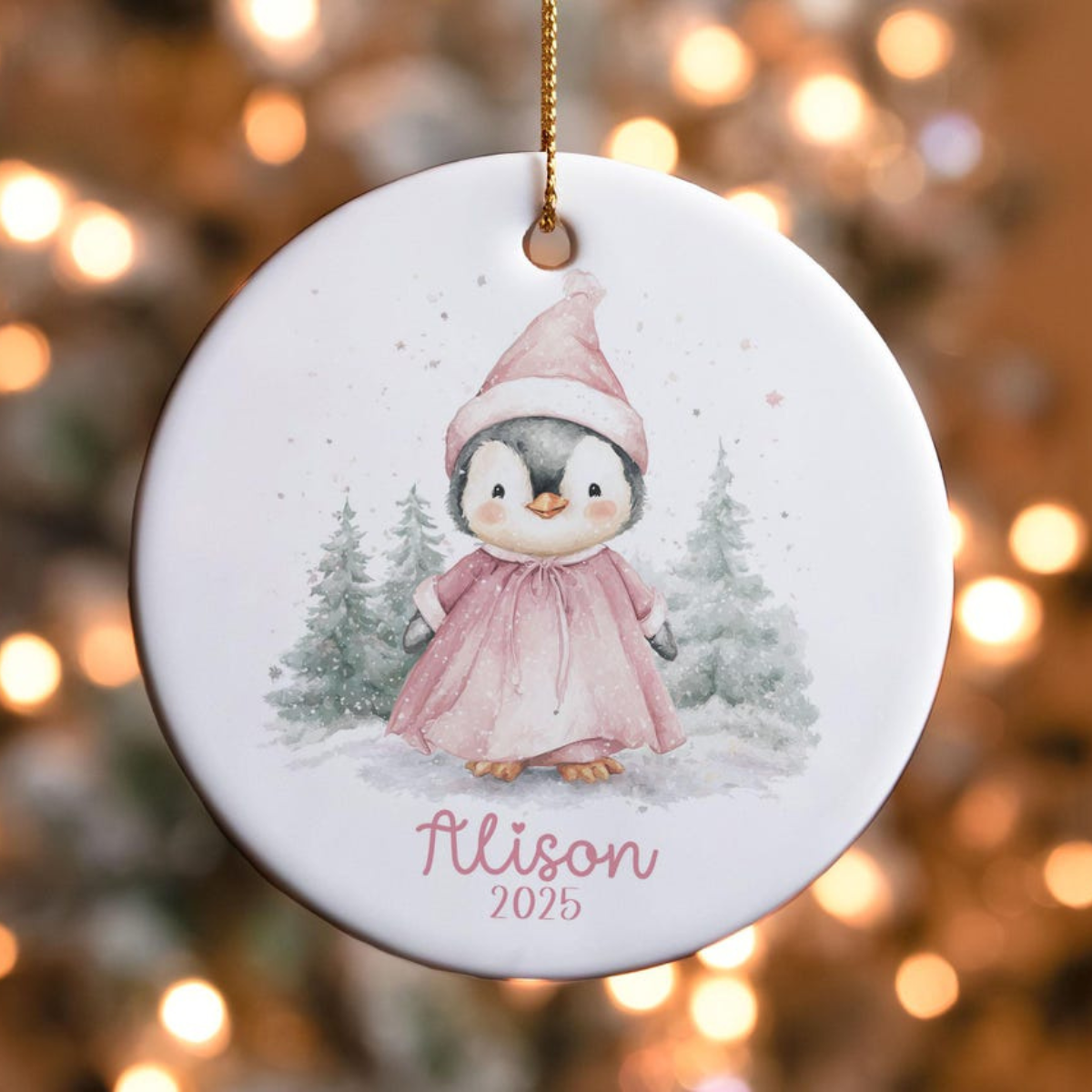 Personalized Girls Penguin Ornament, Custom Pink Girl Penguin Christmas , Childrens Gift Ornament with Name, 1st Christmas Kids Ornament