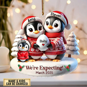 Cute Penguin Couple Expecting Parents Pregnancy - Personalized Acrylic Ornament - Christmas Gift For Family, Baby Announcement