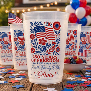 Personalized 4th of July Frosted Cup, 250 Years of Freedom Cup, Custom Family BBQ Party Cups, Independence Day 2026, Patriotic Plastic Cups