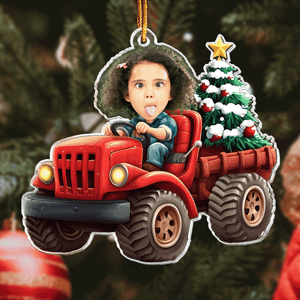 Kids Riding Red Truck With Christmas Tree - Personalized Acrylic Shaped Ornament - Christmas Gift For Kids