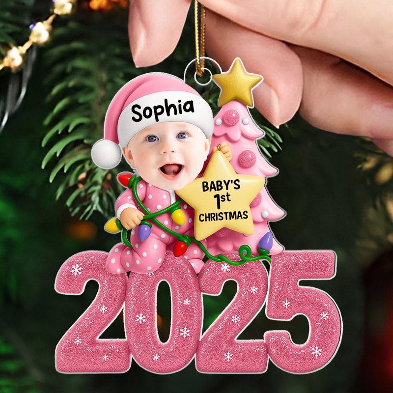 Baby Christmas Tree Upload Photo Glitter 2025 - Personalized Acrylic Ornament - Christmas Gift For Baby