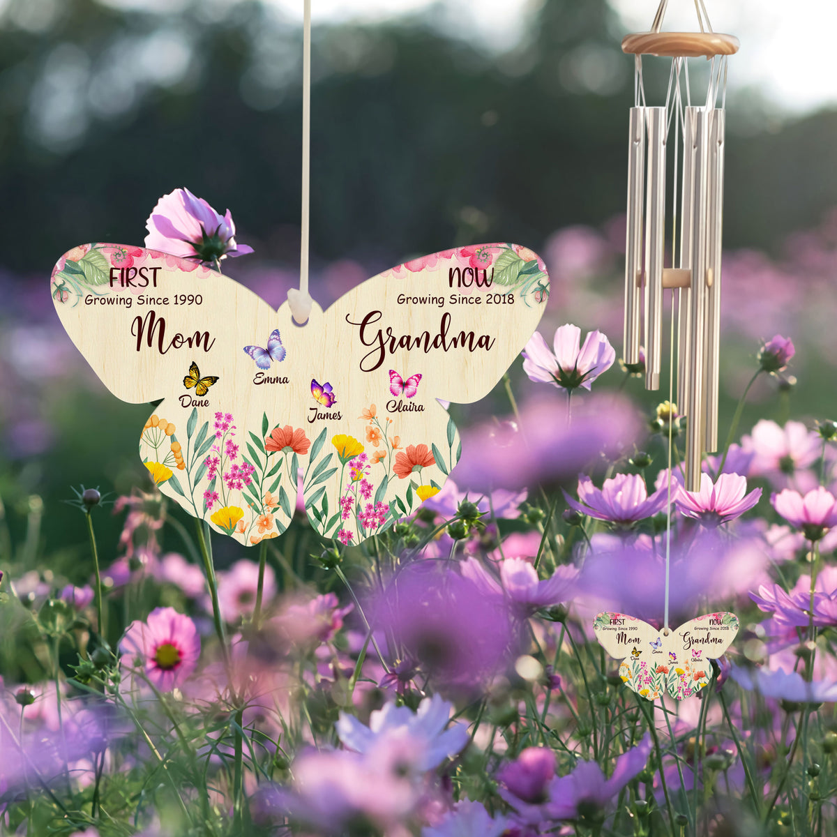 First Mom Now Grandma Butterfly Shape Pendant - Personalized Windchime - Gift For Grandma, Mother's Day, Birthday Gift
