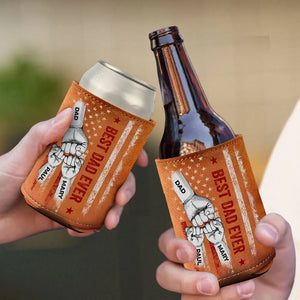Best Dad Ever Dad & Kid Fist Bump - Personalized Leather Can Cooler - Gift For Dad, Grandpa, Father's Day