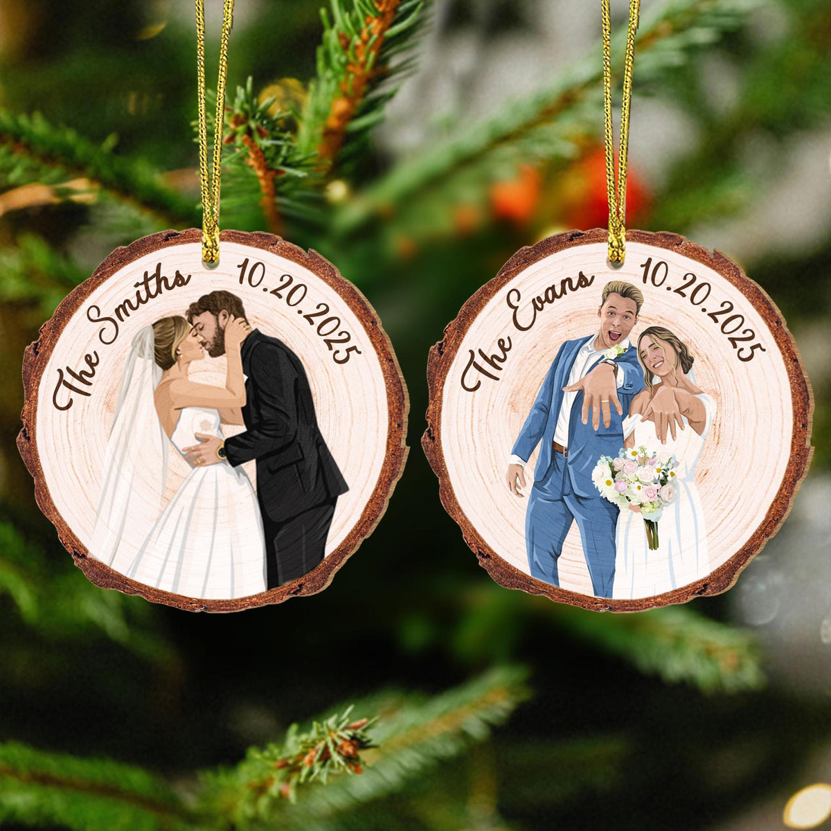 Personalized Christmas Married Ornament, Custom Portrait From Photo Wooden Ornament, Wedding Keepsake Gift, Newly Wedding Gift For Couples