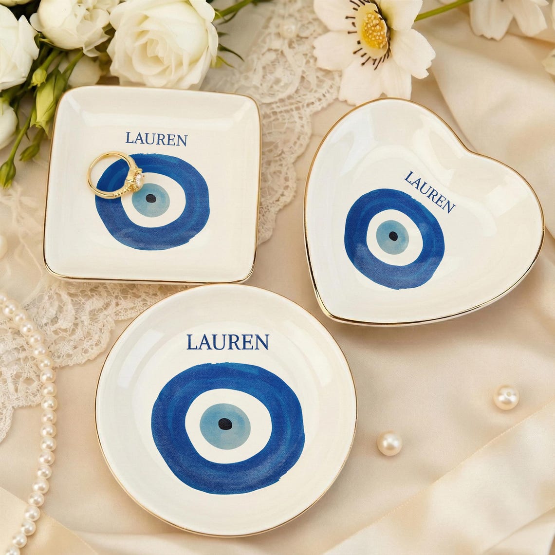 Custom Evil Eye Ring Dish, Personalized Jewelry Tray with Name, Gold Rim Trinket Dish, Protection Charm Gift, Custom Name Good Luck Charm