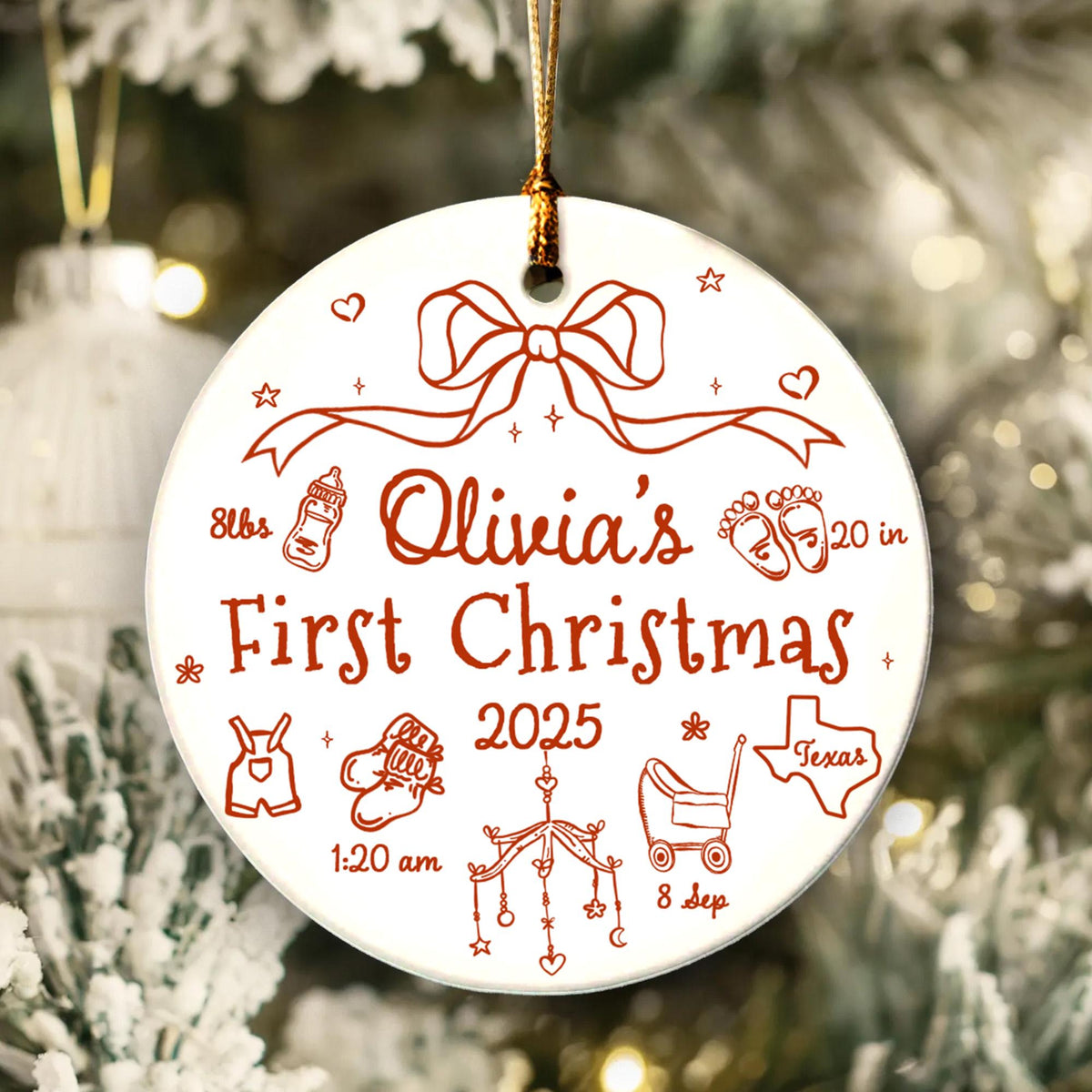 Personalized Baby First Christmas 2025 Ornament, Custom Baby Birth Stats Ornament, Baby Name Bow Ornament, New Baby Gift, Baby Newborn Gift