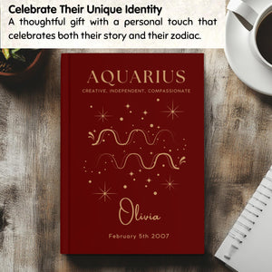 Aquarius Zodiac Journal-Personalized Name & Birthdate, Custom Astrology Notebook Gift for Her, Aquarius Birthday Gift Idea, Birthday Book